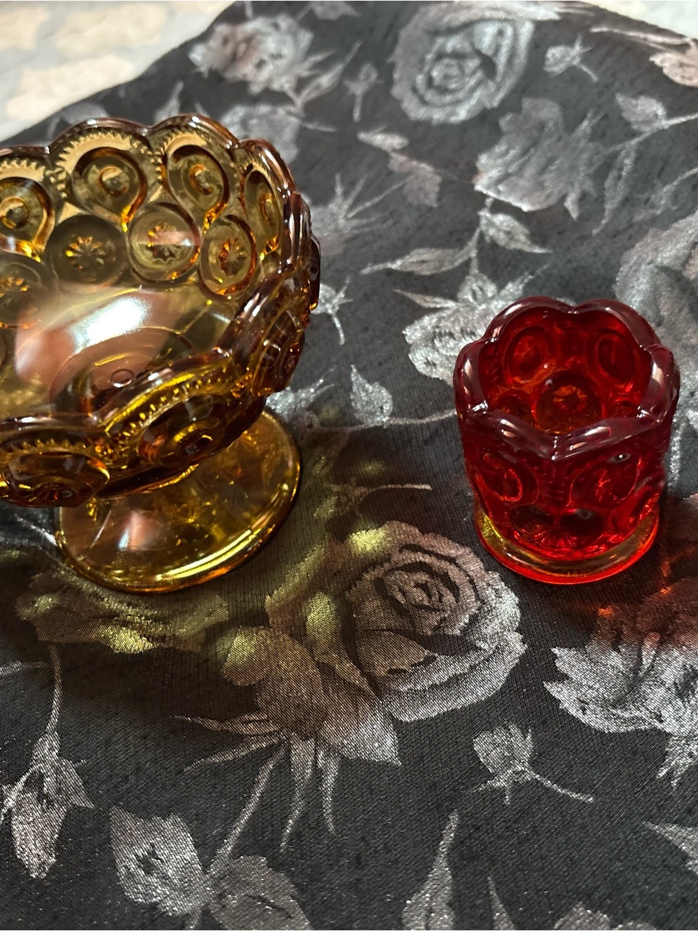LE Smith Amber Glass Compote and Ruby Toothpick Holder Set
